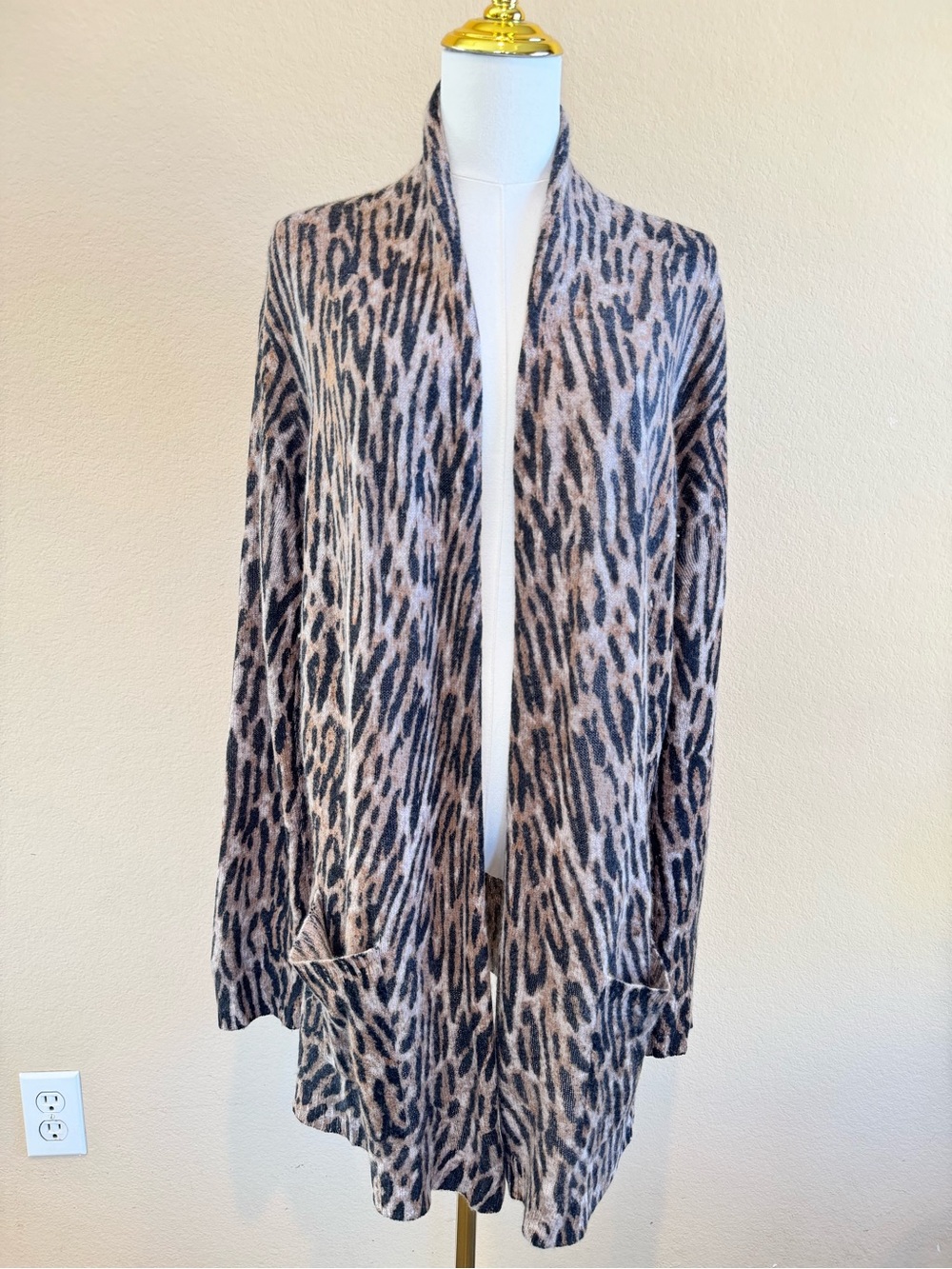 MAGASCHNOI 100% Cashmere Leopard Print Open Long Cardigan Sweater XL Brown/Black